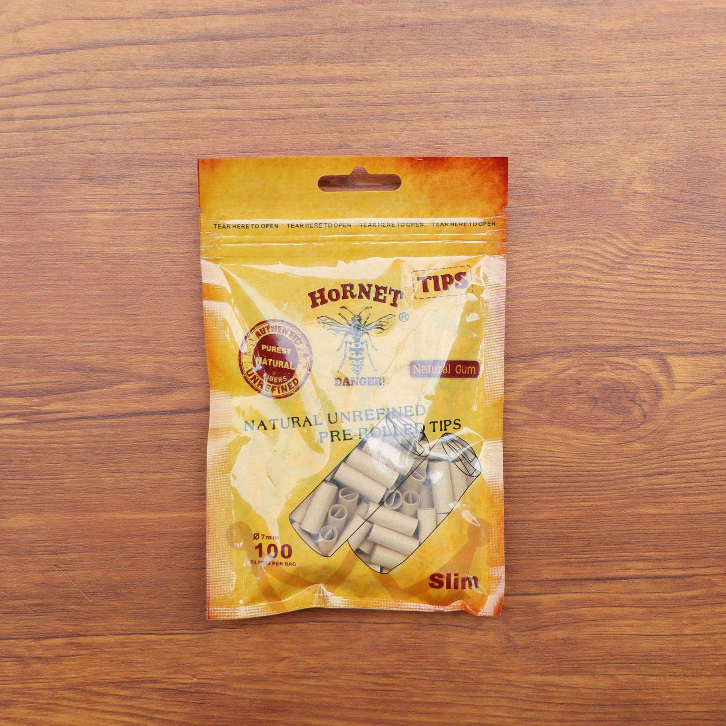HORNET Ø 7 Slim Pre Rolled Tips, Brown Organic Cigarette Rolling Tips, 100 Tips / Pack
