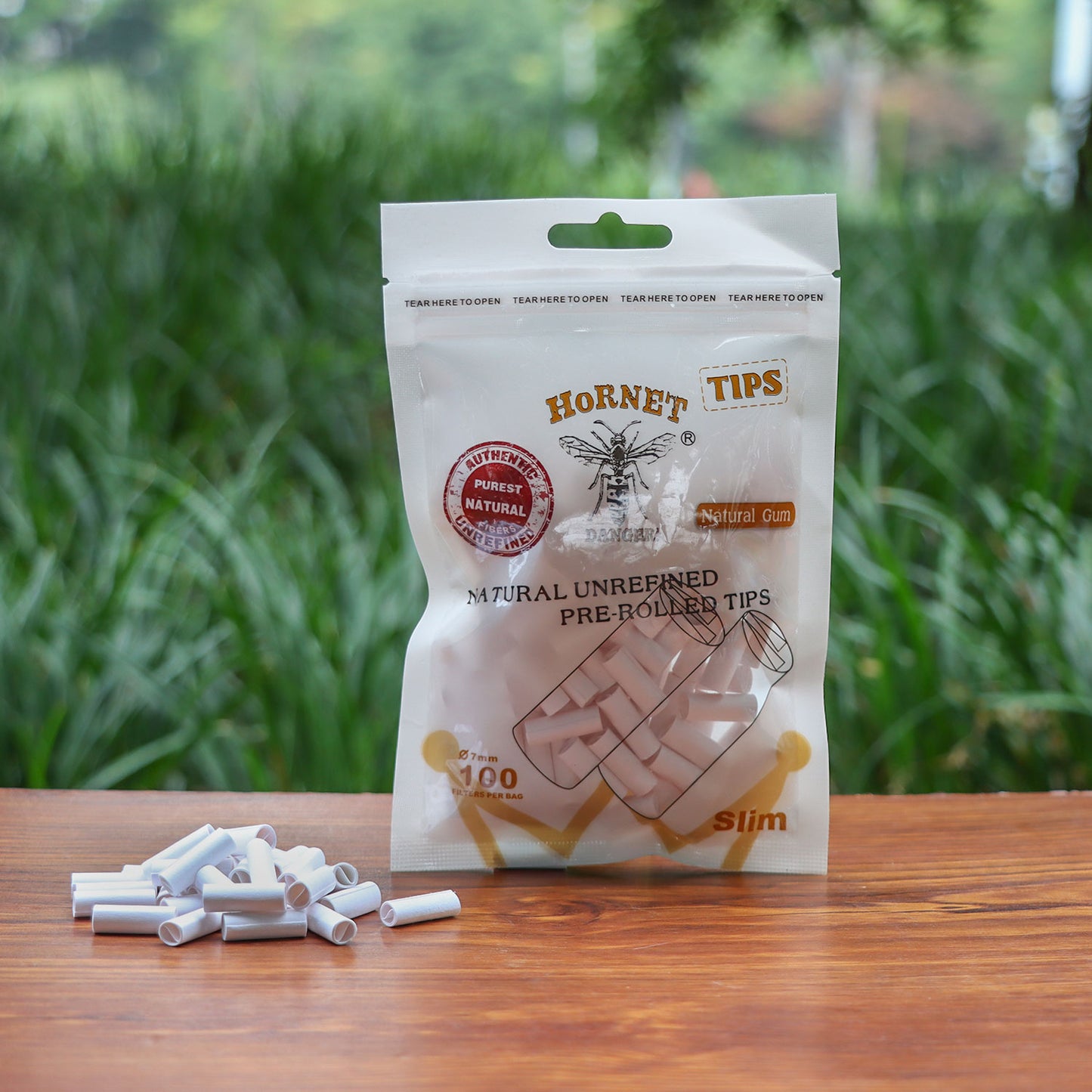 HORNET Ø 7 Slim Pre Rolled Tips, Brown Organic Cigarette Rolling Tips, 100 Tips / Pack