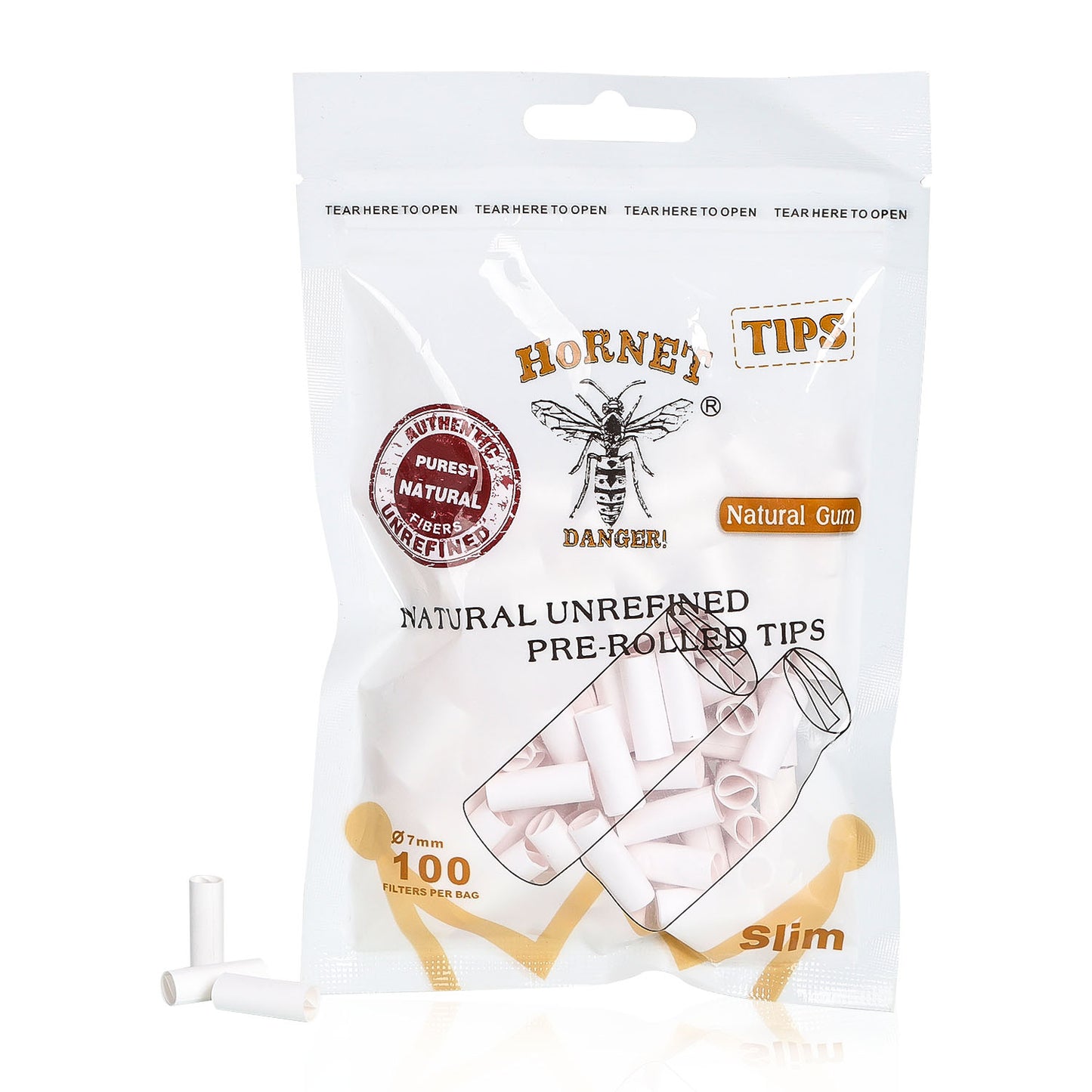 HORNET Ø 7 Slim Pre Rolled Tips, Brown Organic Cigarette Rolling Tips, 100 Tips / Pack