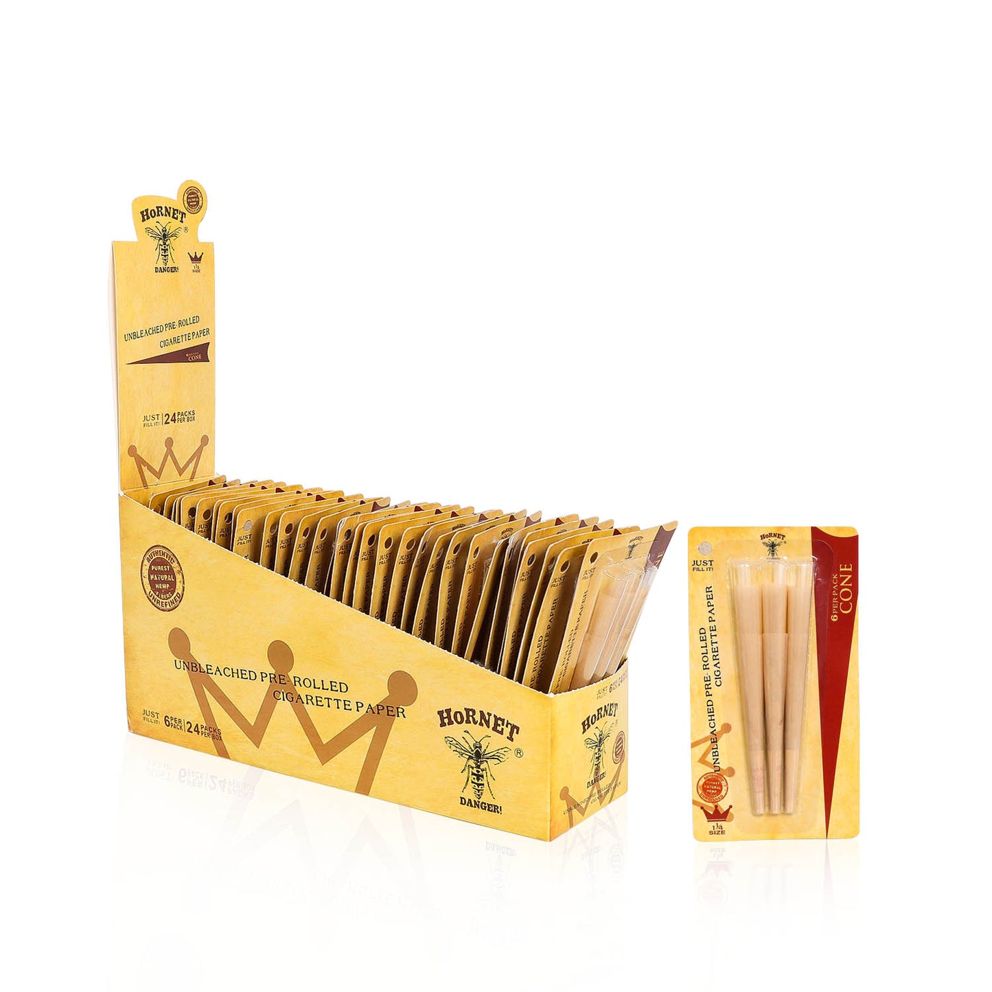 HORNET 1 1/4 Size Pre Rolled Cones, Natural Rolling Cones, Slow Burning Pre Rolled Rolling Paper, 6 PCS / Pack 24 Packs / Box