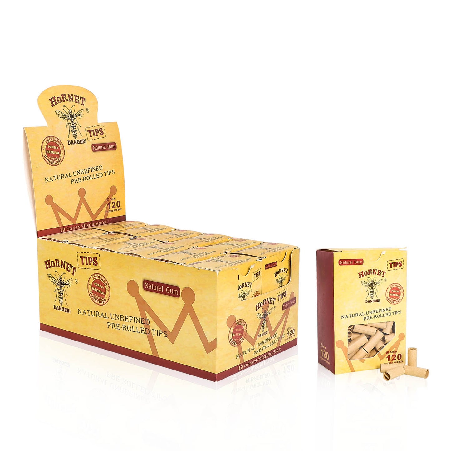 HORNET Ø 7 Pre Rolled Tips, Brown Organic Cigarette Rolled Tips, 120 Tips / Pack 12 Packs / Box