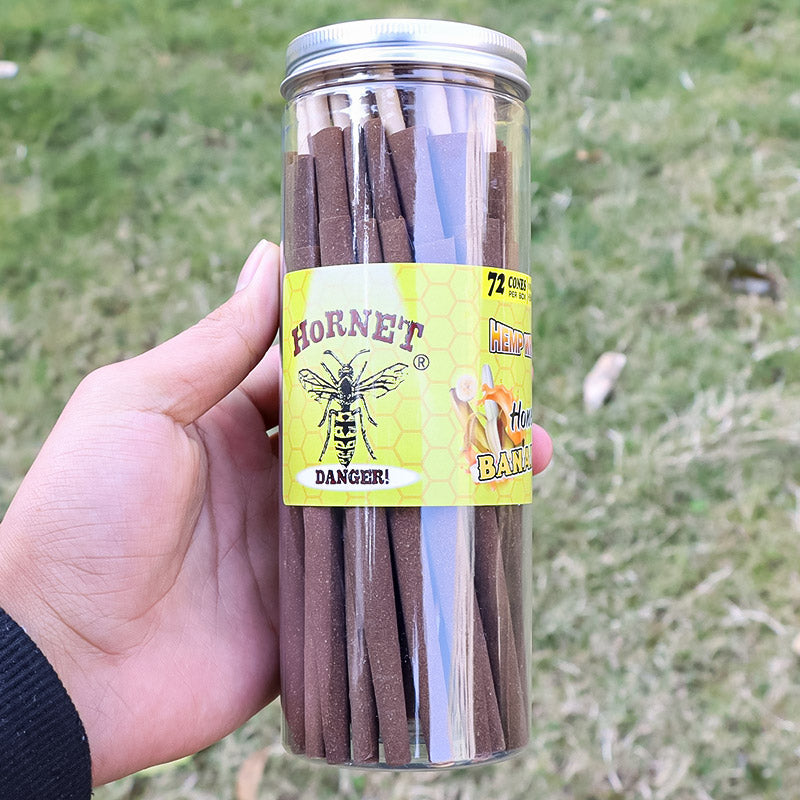 HORNET Banana Flavored Brown Pre Rolled Cones, King Size Pre Rolled Rolling Paper with tips, Slow Burning Rolling Cones & load, 72 PCS / Jar