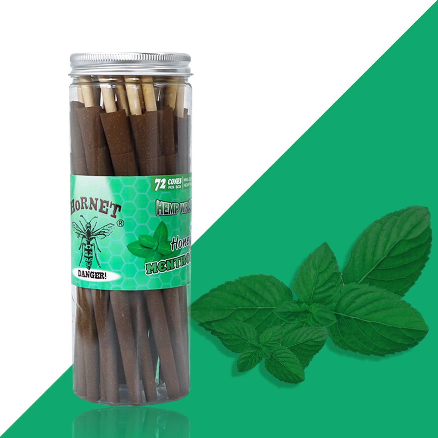 HORNET Mint Flavored Brown Pre Rolled Cones, King Size Pre Rolled Rolling Paper with tips, Slow Burning Rolling Cones & load, 72 PCS / Jar