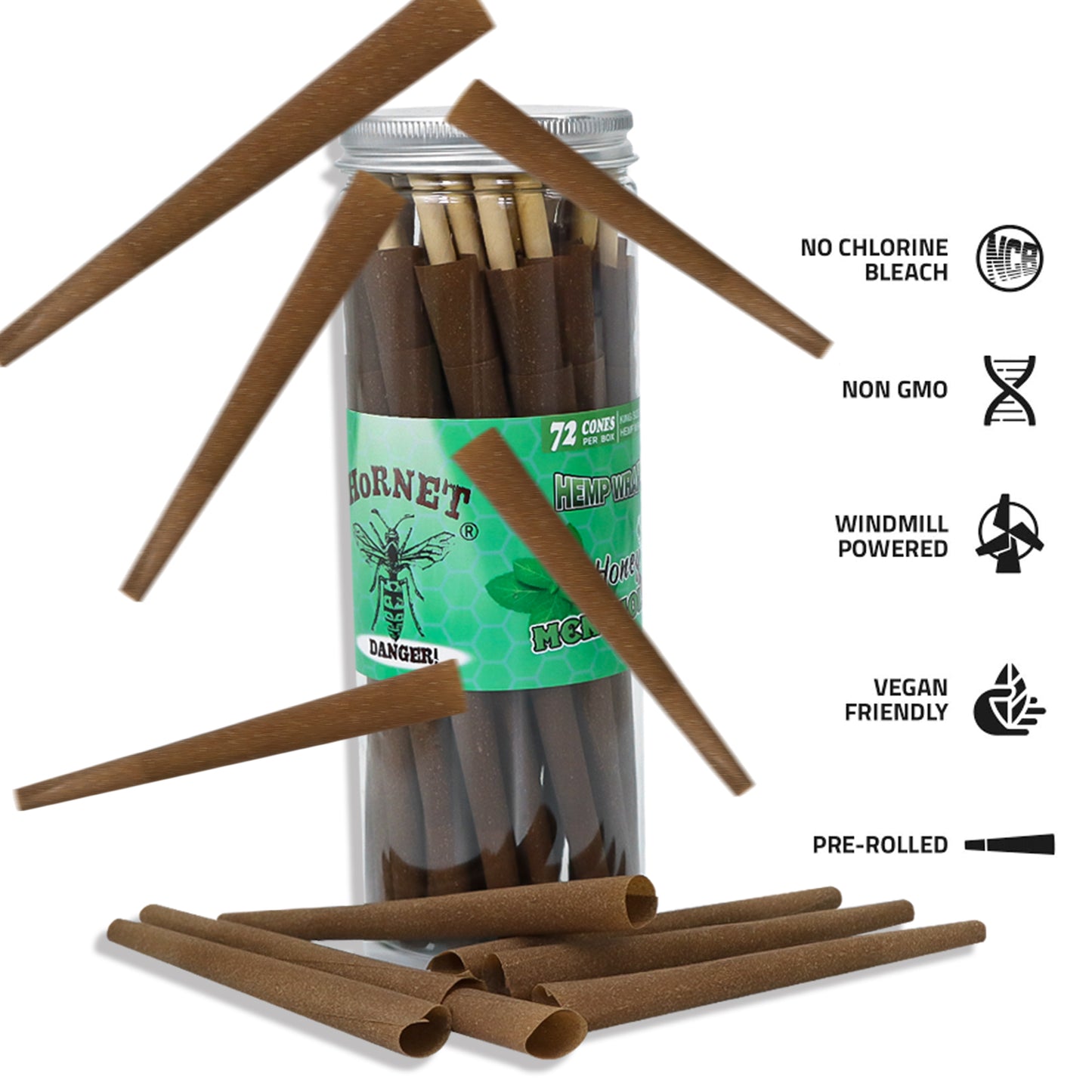 HORNET Mint Flavored Brown Pre Rolled Cones, King Size Pre Rolled Rolling Paper with tips, Slow Burning Rolling Cones & load, 72 PCS / Jar