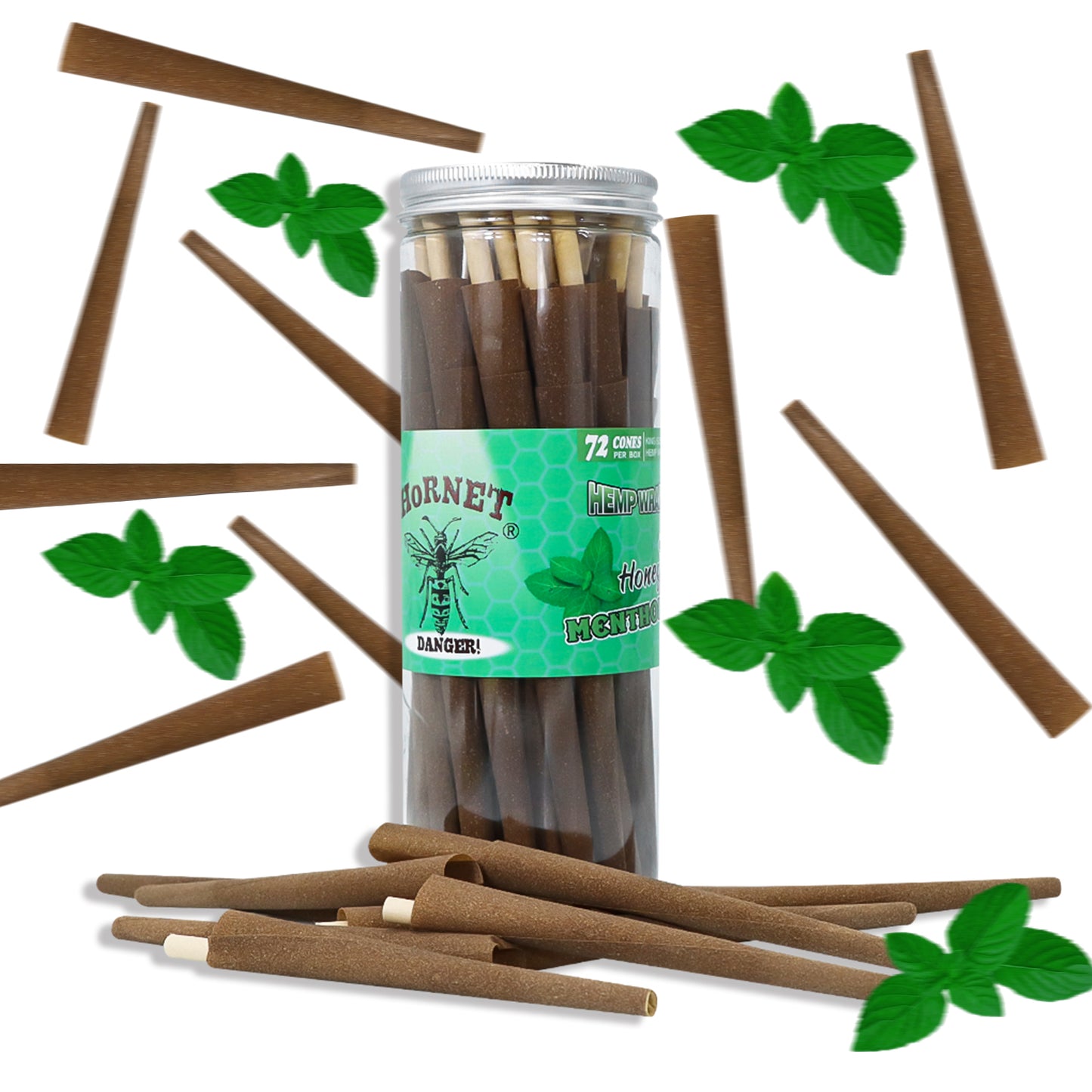 HORNET Mint Flavored Brown Pre Rolled Cones, King Size Pre Rolled Rolling Paper with tips, Slow Burning Rolling Cones & load, 72 PCS / Jar