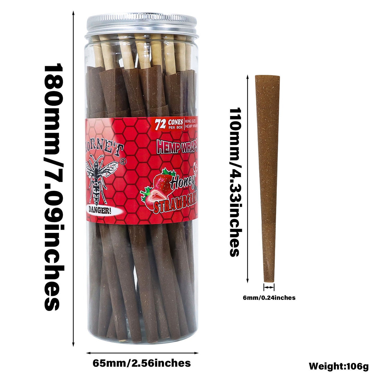 HORNET Strawberry Flavored Brown Pre Rolled Cones, King Size Pre Rolled Rolling Paper with tips, Slow Burning Rolling Cones & load, 72 PCS / Jar