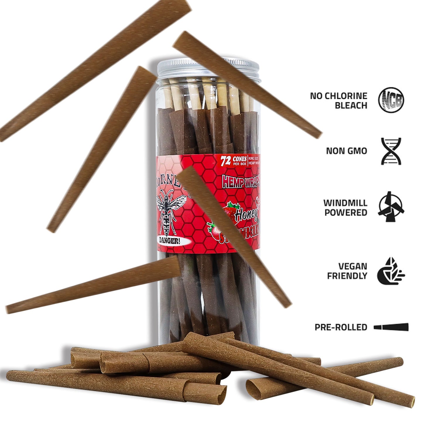 HORNET Strawberry Flavored Brown Pre Rolled Cones, King Size Pre Rolled Rolling Paper with tips, Slow Burning Rolling Cones & load, 72 PCS / Jar