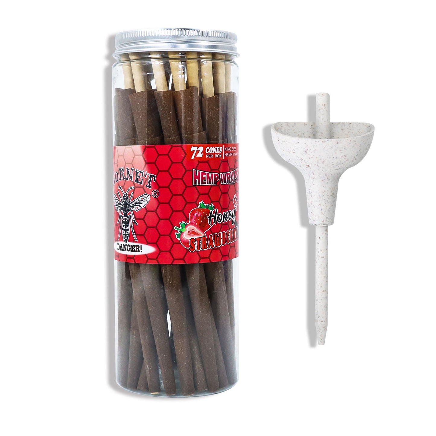 HORNET Strawberry Flavored Brown Pre Rolled Cones, King Size Pre Rolled Rolling Paper with tips, Slow Burning Rolling Cones & load, 72 PCS / Jar