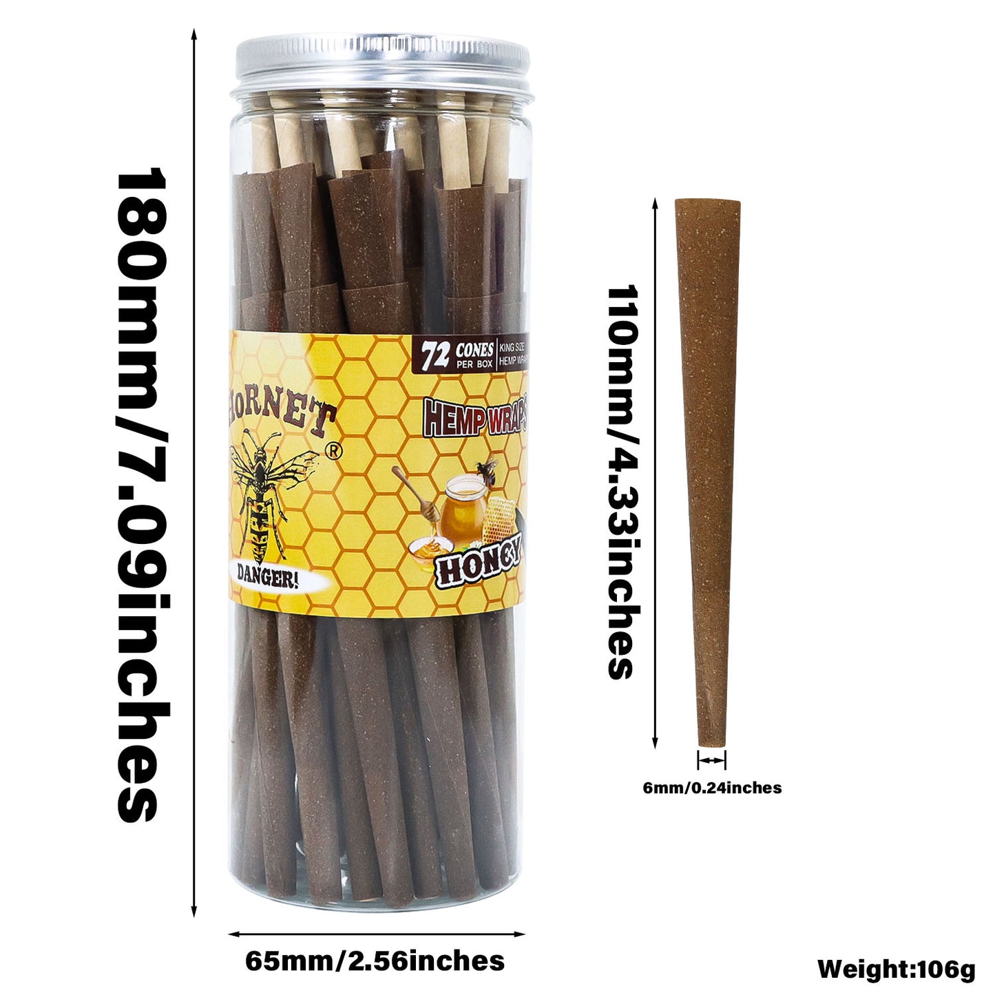 HORNET Honey Flavored Pre Rolled Cones, King Size Brown Pre Rolled Rolling Paper with tips, Slow Burning Rolling Cones & load, 72 PCS / Jar