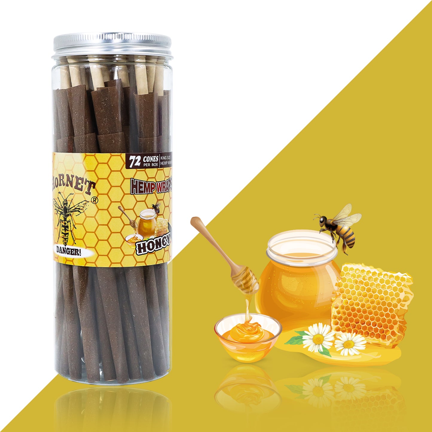 HORNET Honey Flavored Pre Rolled Cones, King Size Brown Pre Rolled Rolling Paper with tips, Slow Burning Rolling Cones & load, 72 PCS / Jar