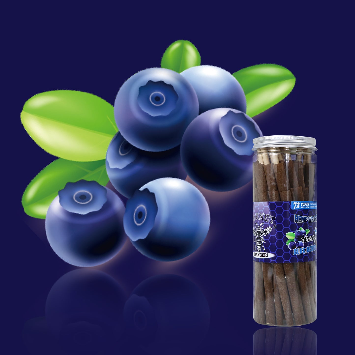 HORNET Blueberry Flavored Brown Pre Rolled Cones, King Size Pre Rolled Rolling Paper with tips, Slow Burning Rolling Cones & load, 72 PCS / Jar
