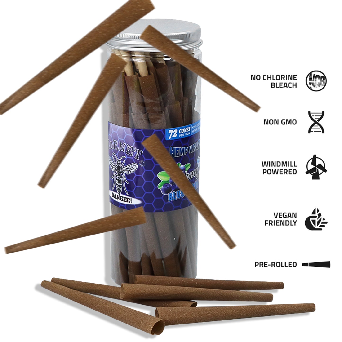HORNET Blueberry Flavored Brown Pre Rolled Cones, King Size Pre Rolled Rolling Paper with tips, Slow Burning Rolling Cones & load, 72 PCS / Jar