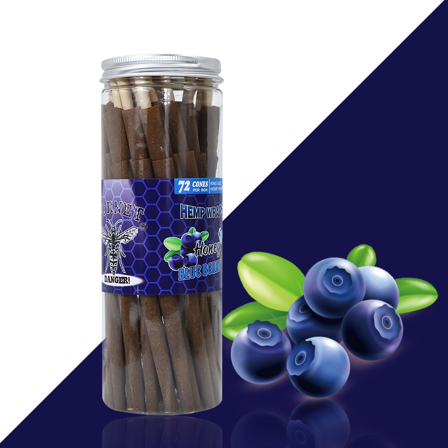 HORNET Blueberry Flavored Brown Pre Rolled Cones, King Size Pre Rolled Rolling Paper with tips, Slow Burning Rolling Cones & load, 72 PCS / Jar