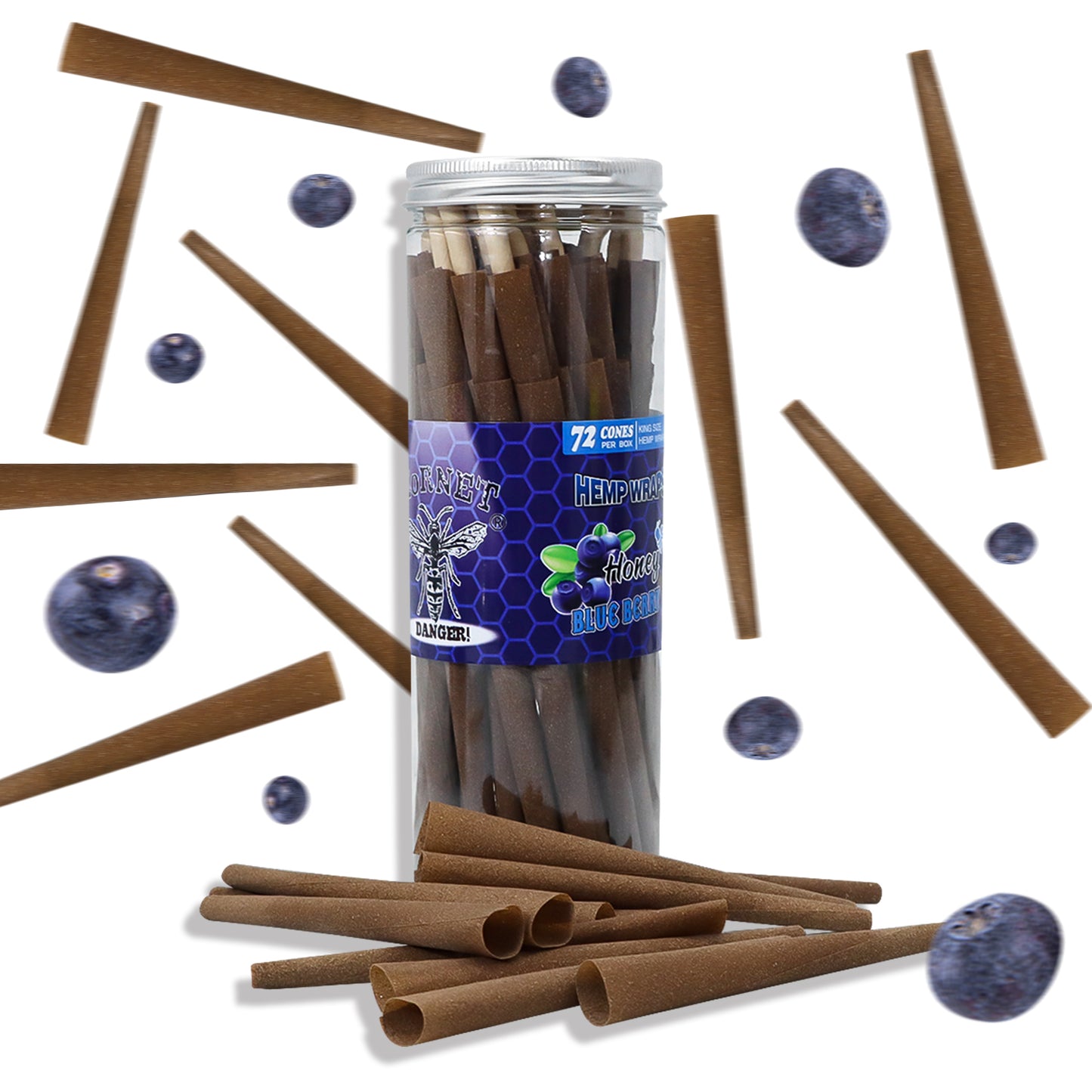HORNET Blueberry Flavored Brown Pre Rolled Cones, King Size Pre Rolled Rolling Paper with tips, Slow Burning Rolling Cones & load, 72 PCS / Jar