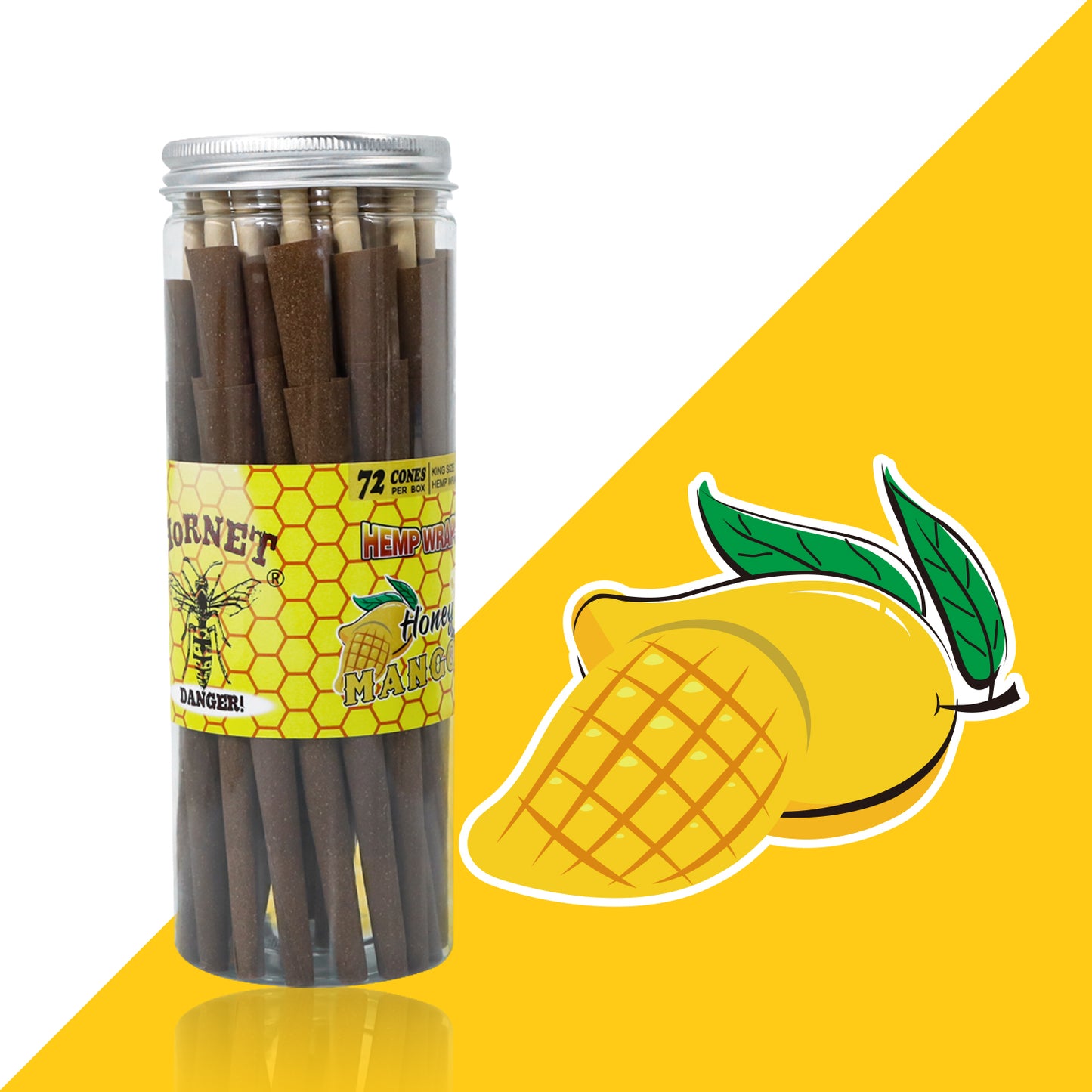 HORNET Mango Flavored Brown Pre Rolled Cones, King Size Pre Rolled Rolling Paper with tips, Slow Burning Rolling Cones & load, 72 PCS / Jar
