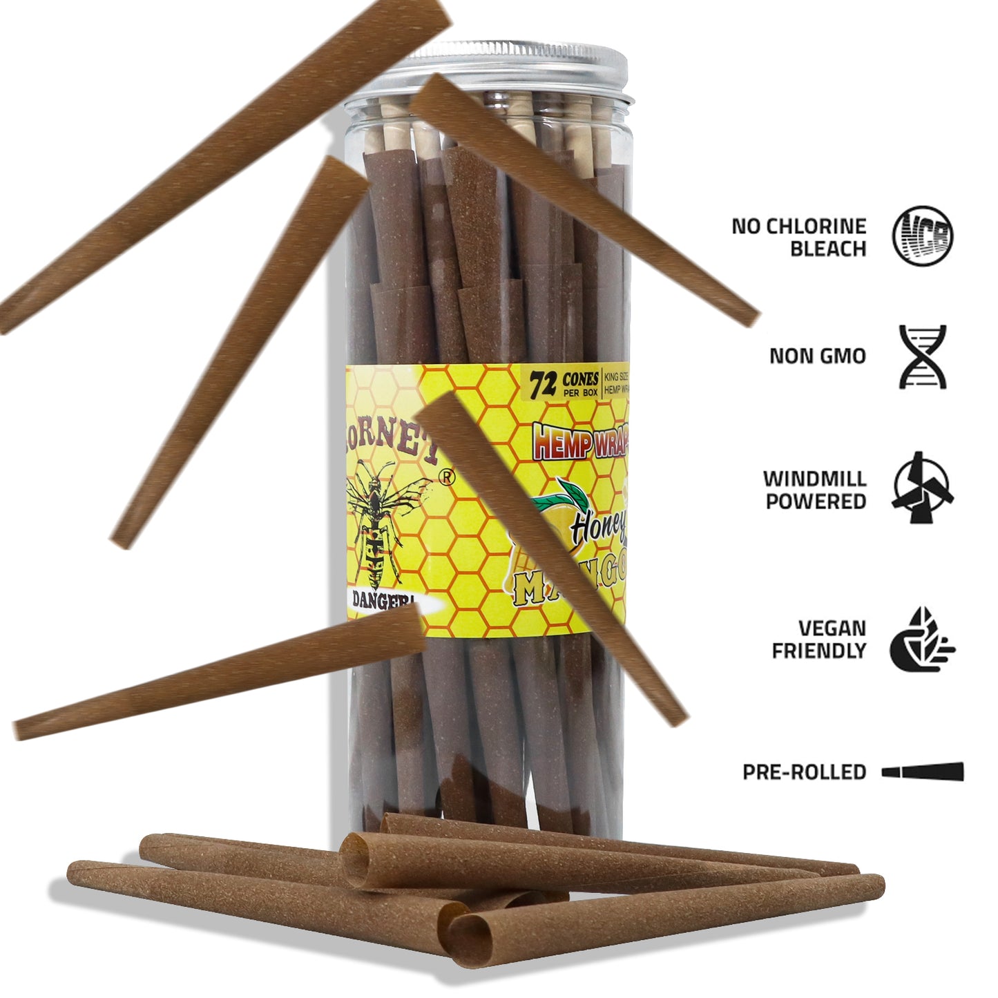 HORNET Mango Flavored Brown Pre Rolled Cones, King Size Pre Rolled Rolling Paper with tips, Slow Burning Rolling Cones & load, 72 PCS / Jar