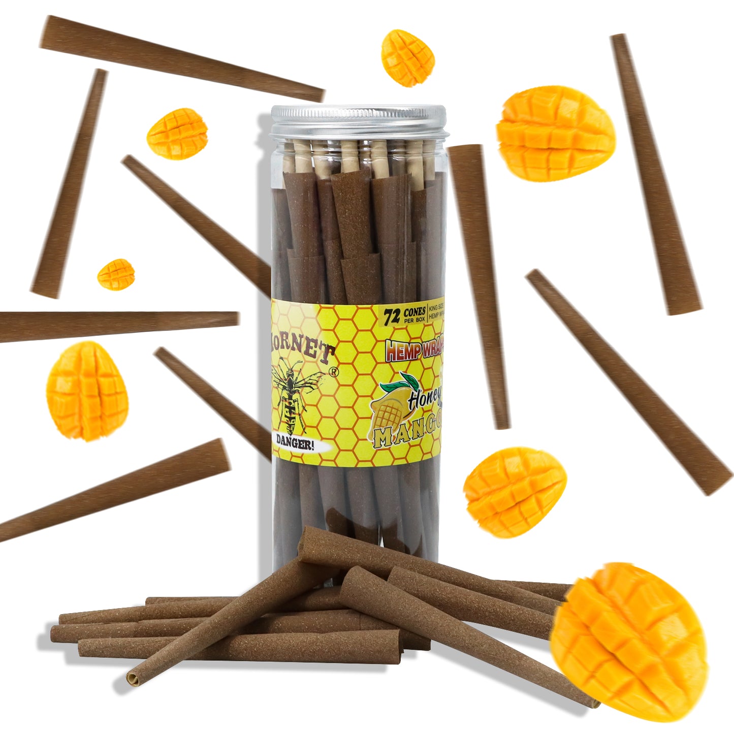 HORNET Mango Flavored Brown Pre Rolled Cones, King Size Pre Rolled Rolling Paper with tips, Slow Burning Rolling Cones & load, 72 PCS / Jar