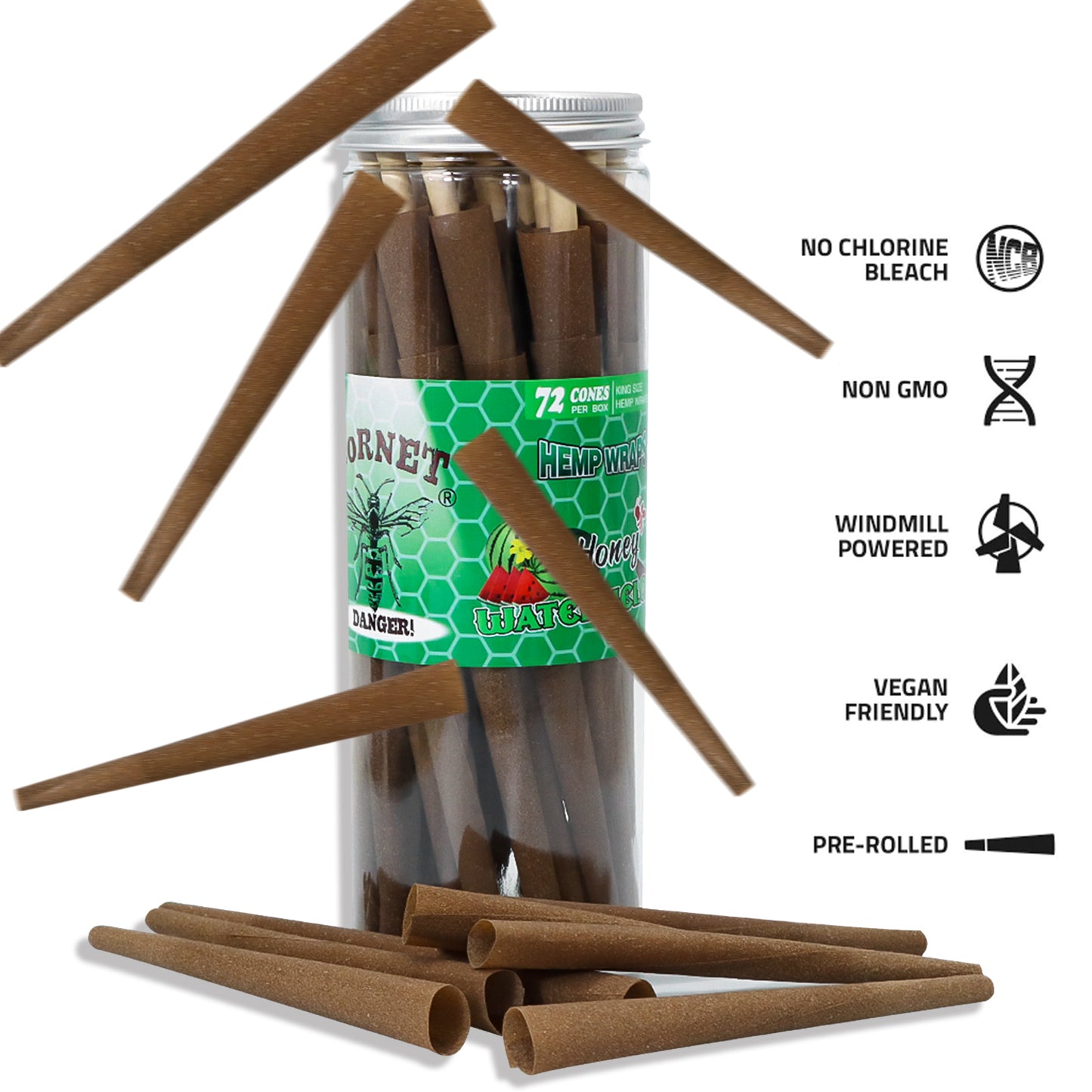 HORNET Watermelon Flavored Brown Pre Rolled Cones, King Size Pre Rolled Rolling Paper with tips, Slow Burning Rolling Cones & load, 72 PCS / Jar