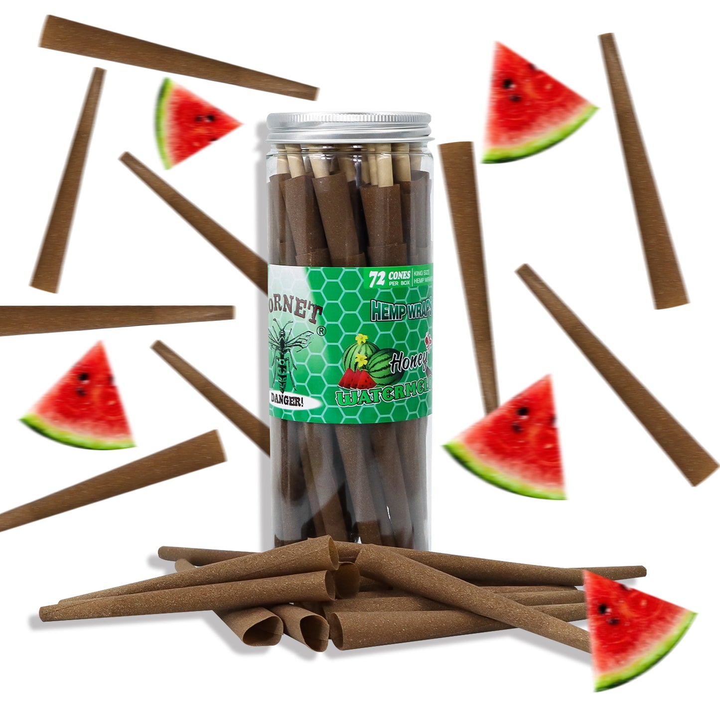 HORNET Watermelon Flavored Brown Pre Rolled Cones, King Size Pre Rolled Rolling Paper with tips, Slow Burning Rolling Cones & load, 72 PCS / Jar