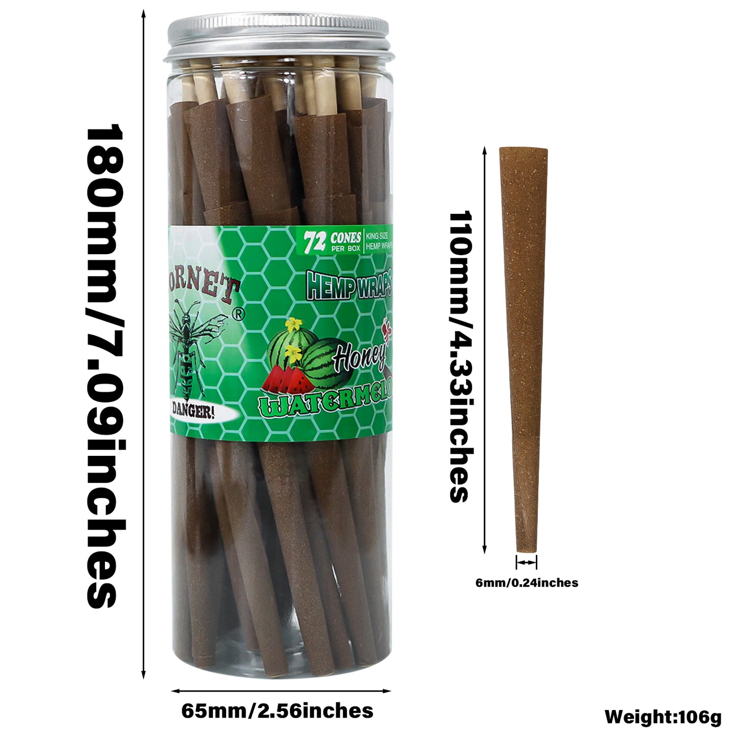 HORNET Watermelon Flavored Brown Pre Rolled Cones, King Size Pre Rolled Rolling Paper with tips, Slow Burning Rolling Cones & load, 72 PCS / Jar