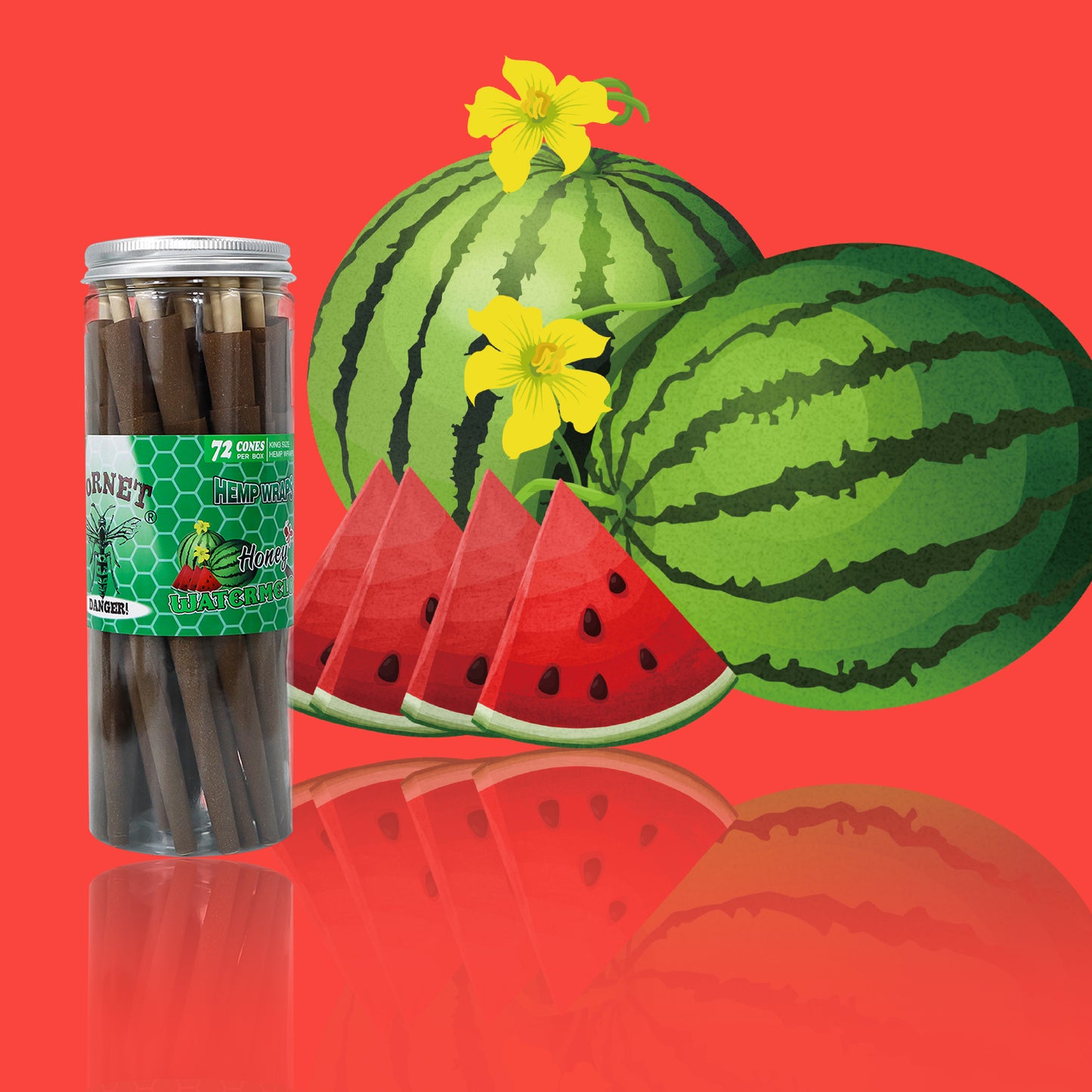 HORNET Watermelon Flavored Brown Pre Rolled Cones, King Size Pre Rolled Rolling Paper with tips, Slow Burning Rolling Cones & load, 72 PCS / Jar