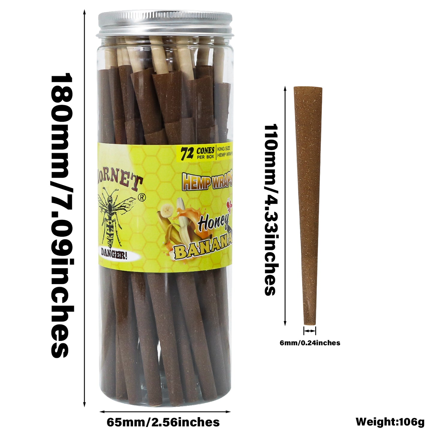 HORNET Banana Flavored Brown Pre Rolled Cones, King Size Pre Rolled Rolling Paper with tips, Slow Burning Rolling Cones & load, 72 PCS / Jar