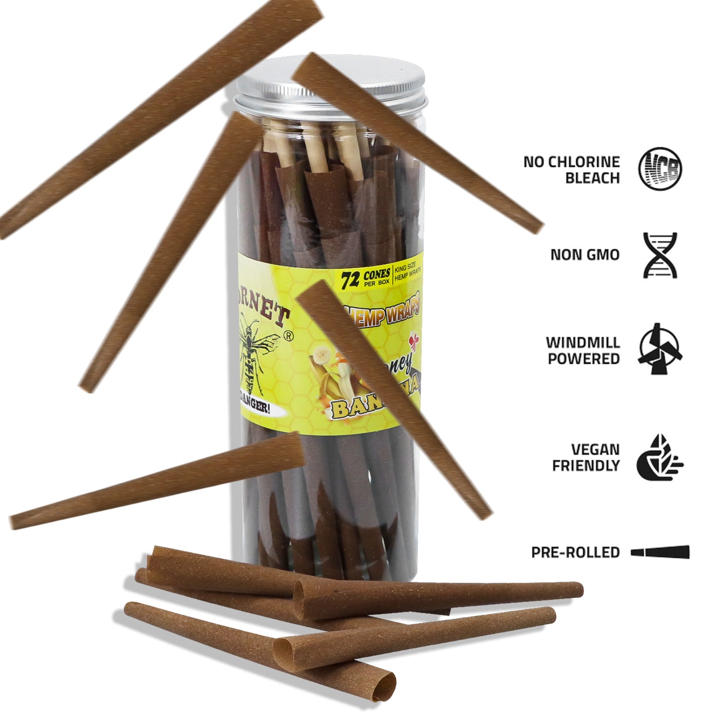 HORNET Banana Flavored Brown Pre Rolled Cones, King Size Pre Rolled Rolling Paper with tips, Slow Burning Rolling Cones & load, 72 PCS / Jar