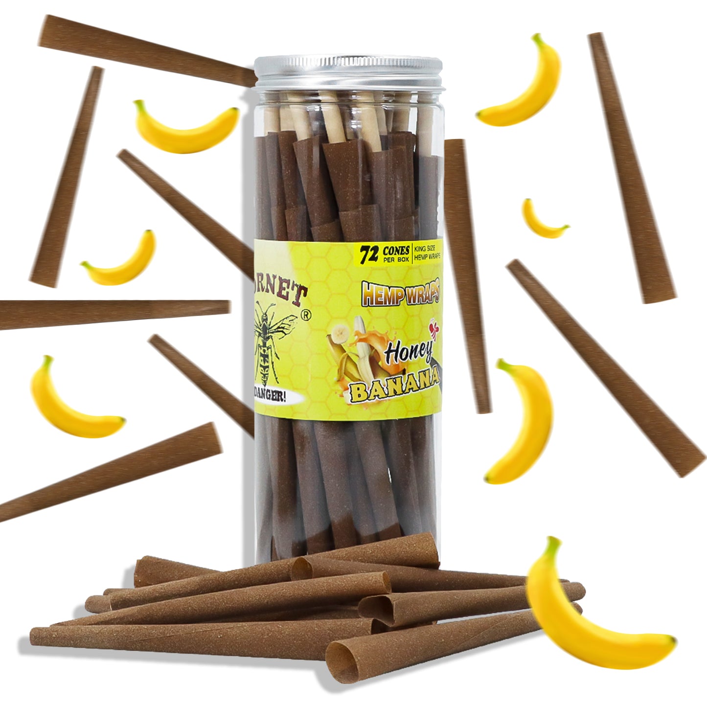 HORNET Banana Flavored Brown Pre Rolled Cones, King Size Pre Rolled Rolling Paper with tips, Slow Burning Rolling Cones & load, 72 PCS / Jar