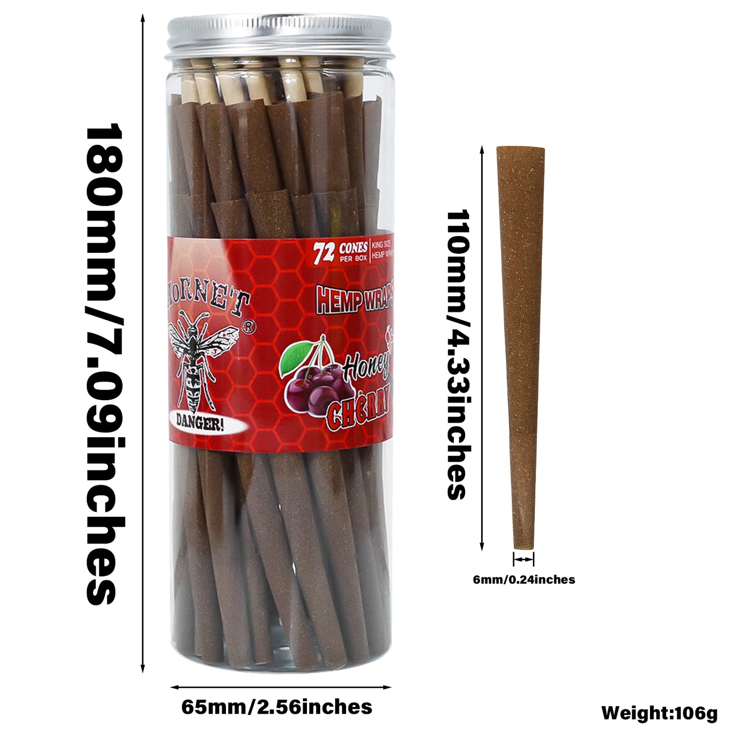 HORNET Cherry Flavored Brown Pre Rolled Cones, King Size Pre Rolled Rolling Paper with tips, Slow Burning Rolling Cones & load, 72 PCS / Jar