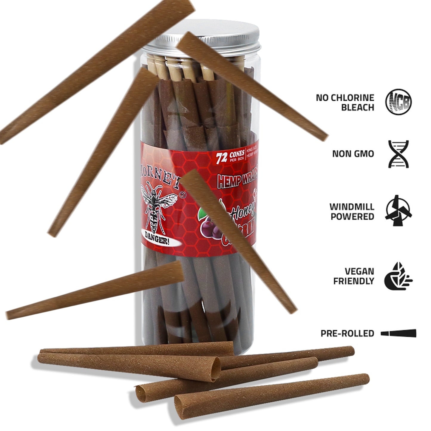 HORNET Cherry Flavored Brown Pre Rolled Cones, King Size Pre Rolled Rolling Paper with tips, Slow Burning Rolling Cones & load, 72 PCS / Jar
