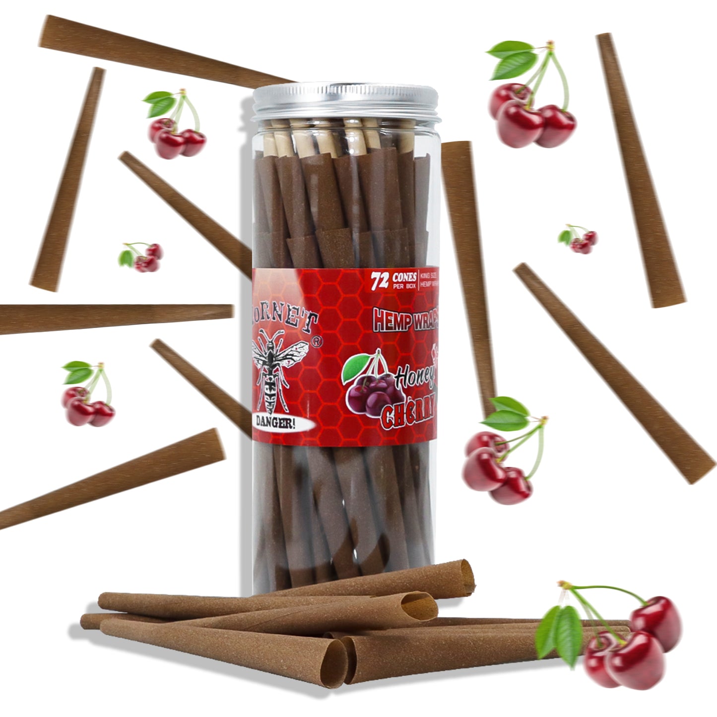 HORNET Cherry Flavored Brown Pre Rolled Cones, King Size Pre Rolled Rolling Paper with tips, Slow Burning Rolling Cones & load, 72 PCS / Jar