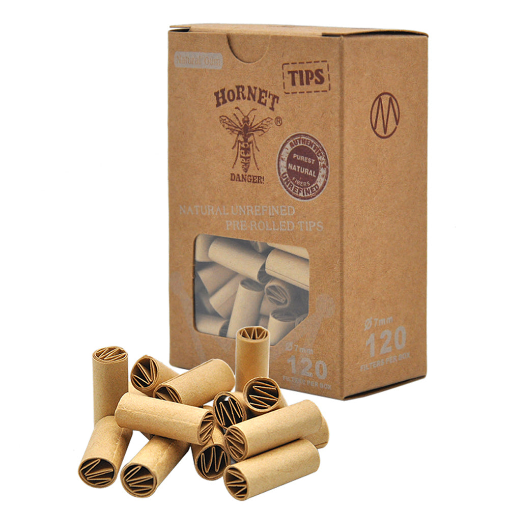 HORNET Ø 7 Pre Rolled Tips, Brown Organic Cigarette Rolled Tips, 120 Tips / Pack 12 Packs / Box