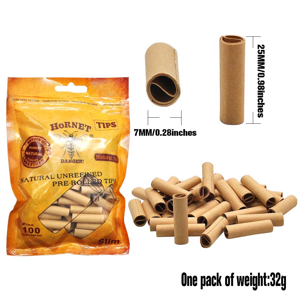 HORNET Ø 7 Slim Pre Rolled Tips, Brown Organic Cigarette Rolling Tips, 100 Tips / Pack