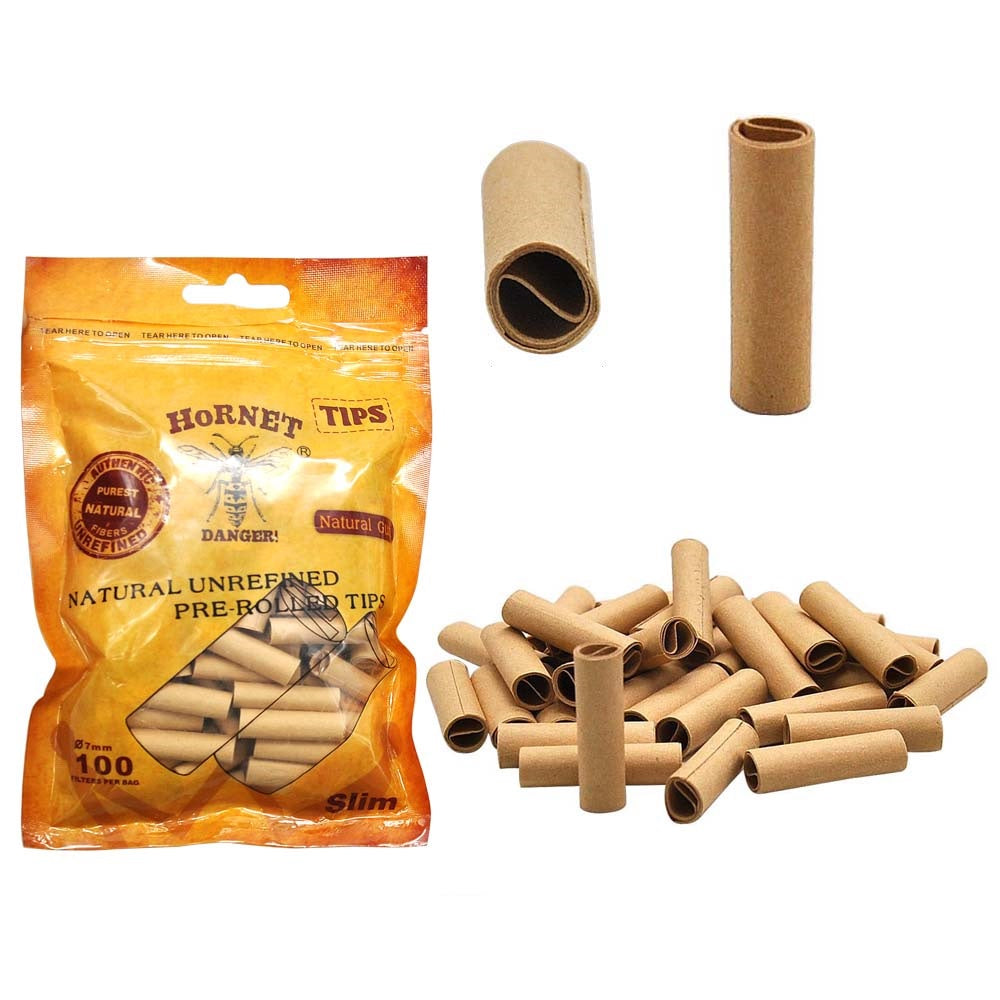 HORNET Ø 7 Slim Pre Rolled Tips, Brown Organic Cigarette Rolling Tips, 100 Tips / Pack
