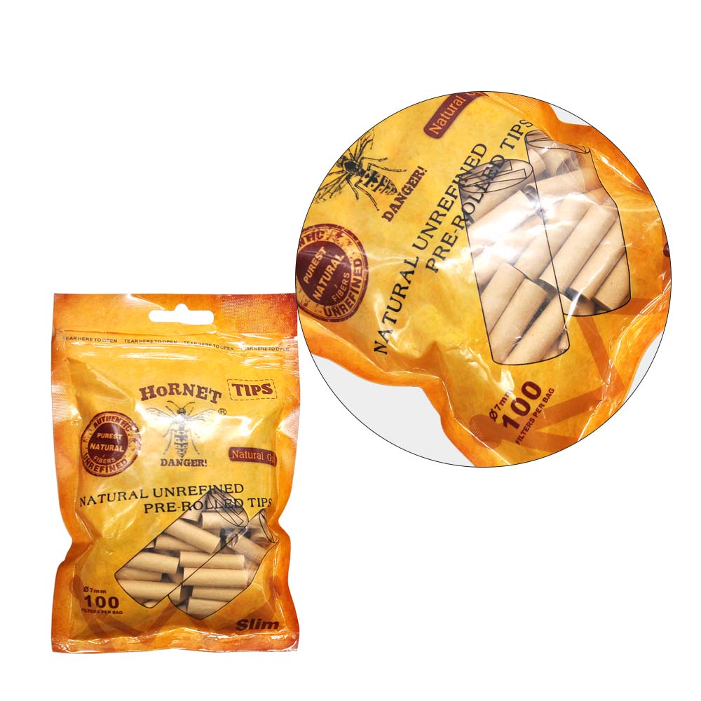 HORNET Ø 7 Slim Pre Rolled Tips, Brown Organic Cigarette Rolling Tips, 100 Tips / Pack