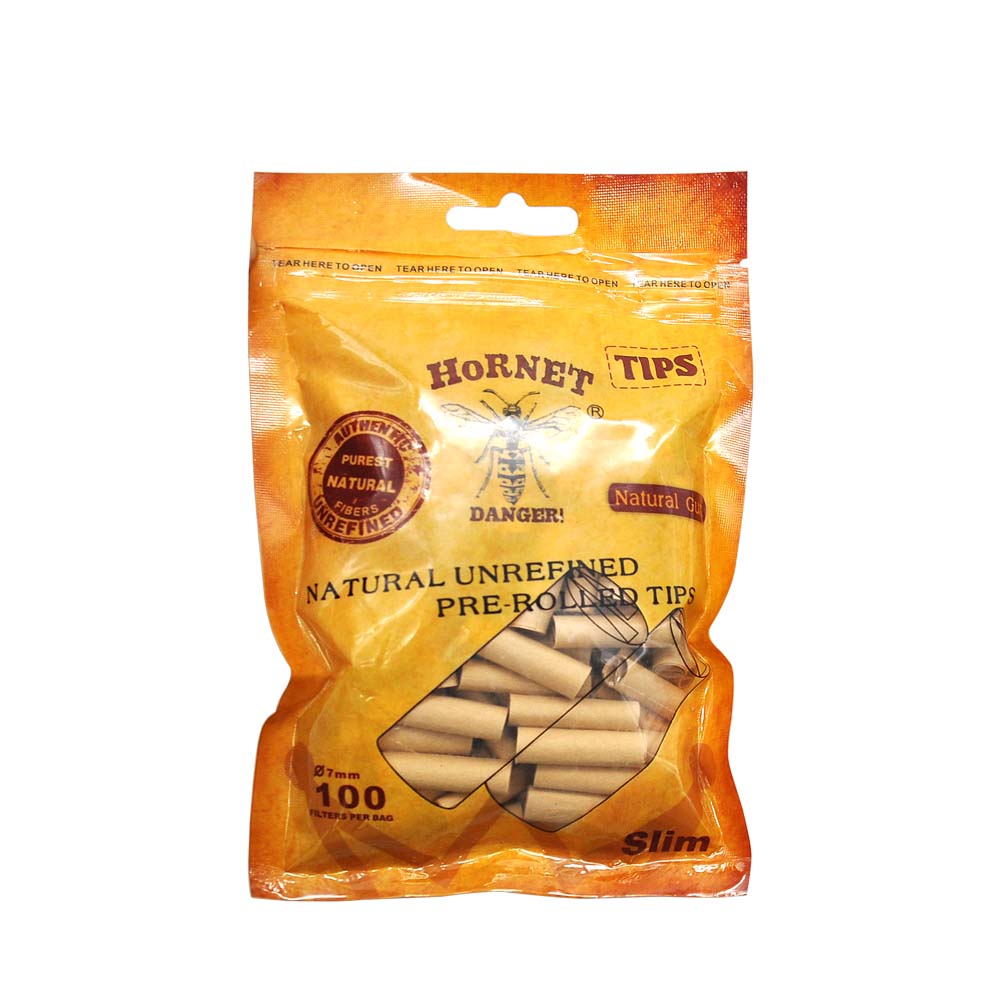 HORNET Ø 7 Slim Pre Rolled Tips, Brown Organic Cigarette Rolling Tips, 100 Tips / Pack