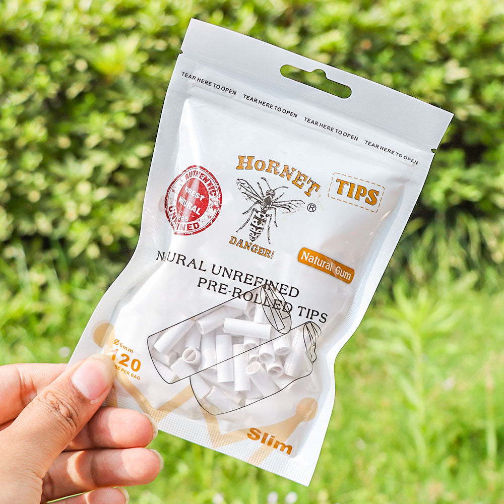 HORNET Ø 6 Slim Pre Rolled Tips, White Organic Cigarette Rolling Tips, 120 Tips / Pack