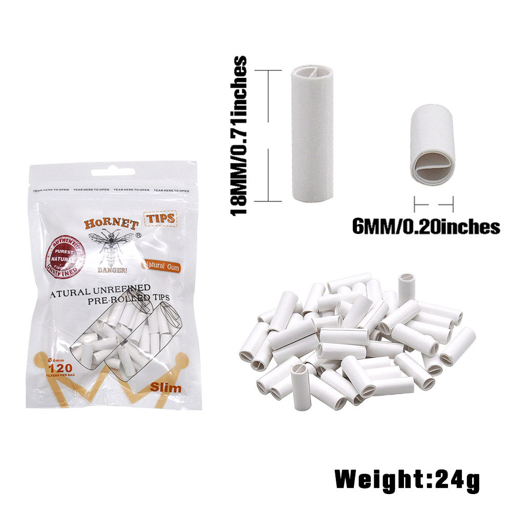 HORNET Ø 6 Slim Pre Rolled Tips, White Organic Cigarette Rolling Tips, 120 Tips / Pack