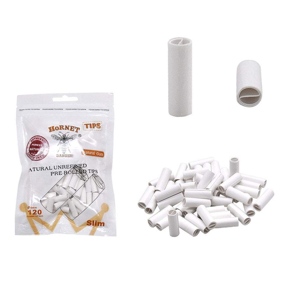 HORNET Ø 6 Slim Pre Rolled Tips, White Organic Cigarette Rolling Tips, 120 Tips / Pack