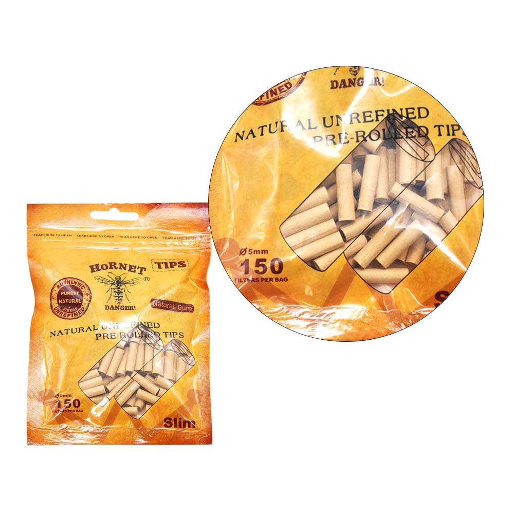 HORNET Ø 5 Slim Pre Rolled Tips, Brown Organic Cigarette Rolling Tips, 150 Tips / Pack