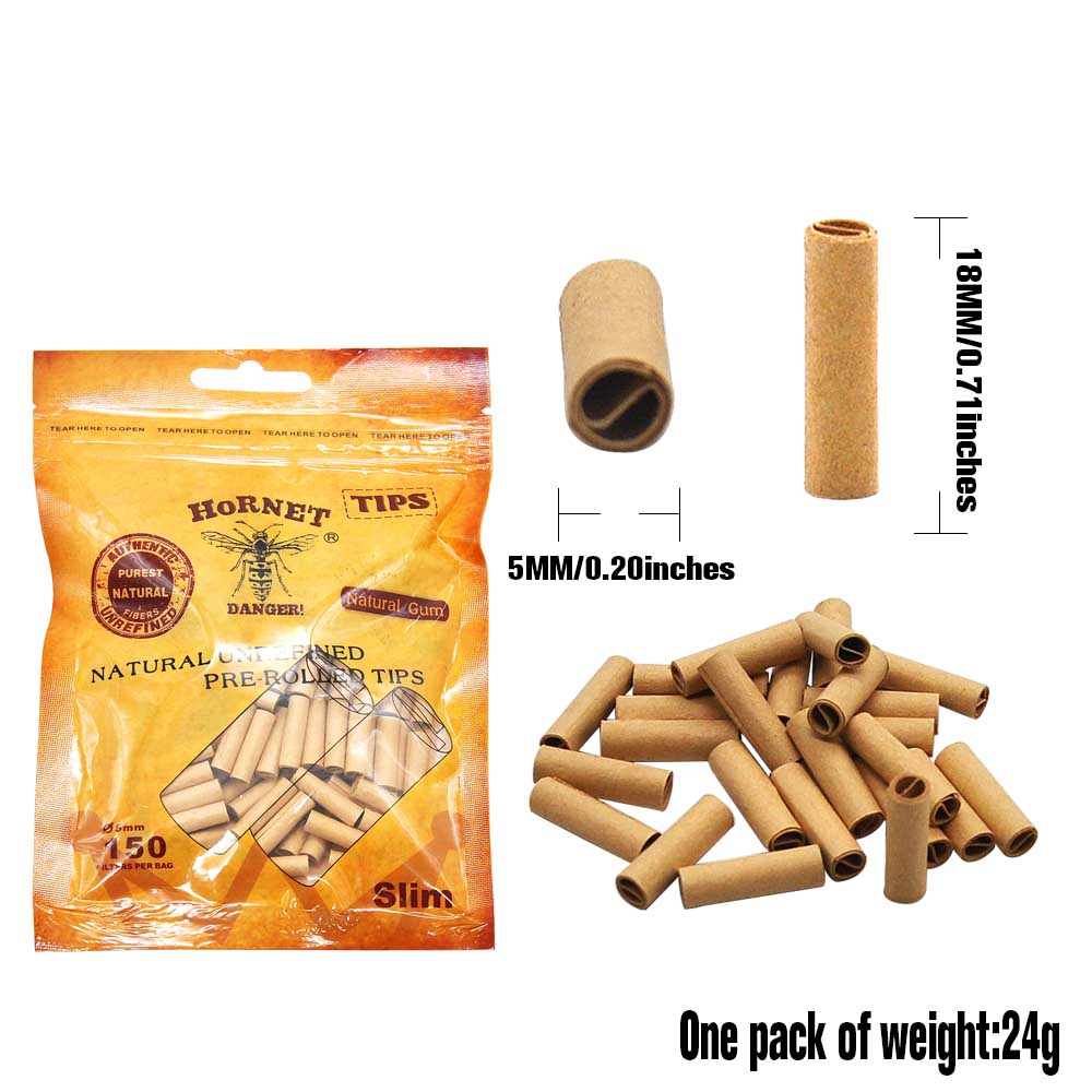 HORNET Ø 5 Slim Pre Rolled Tips, Brown Organic Cigarette Rolling Tips, 150 Tips / Pack