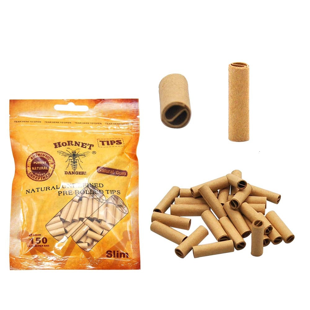 HORNET Ø 5 Slim Pre Rolled Tips, Brown Organic Cigarette Rolling Tips, 150 Tips / Pack