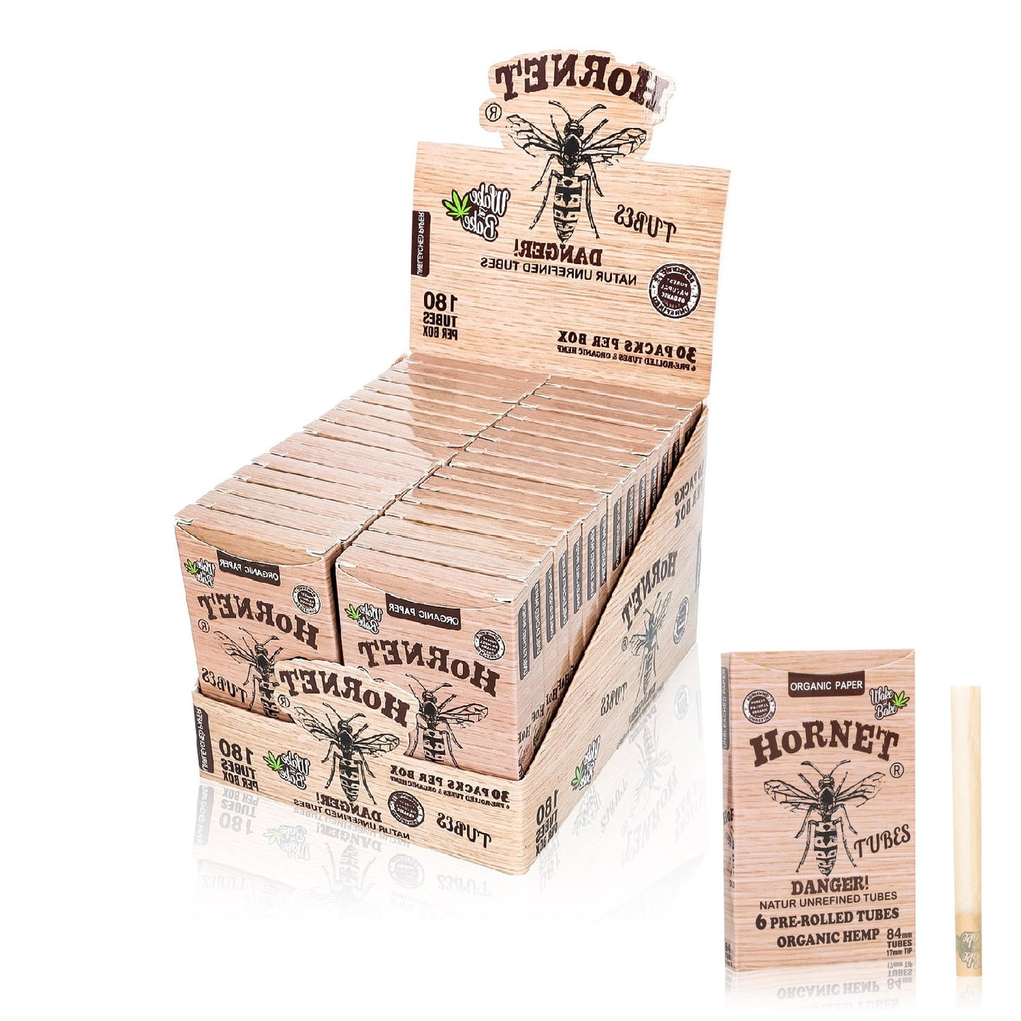 HORNET 84 mm Brown Pre Rolled Cones, Natural Rolling Cones, Slow Burning Pre Rolled Rolling Paper, 6 PCS / Pack 30 Packs / Box