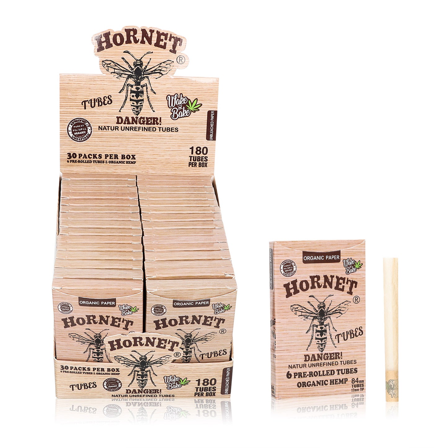 HORNET 84 mm Brown Pre Rolled Cones, Natural Rolling Cones, Slow Burning Pre Rolled Rolling Paper, 6 PCS / Pack 30 Packs / Box