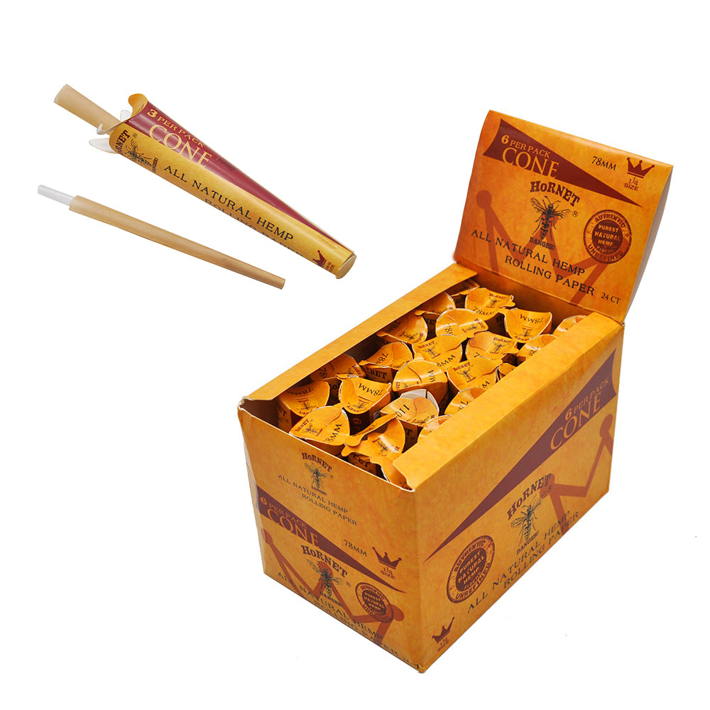 HORNET 1 1/4 Size Pre Rolled Cones, Natural Rolling Cones, Slow Burning Pre Rolled Rolling Paper, 6 PCS / Pack 24 Packs / Box