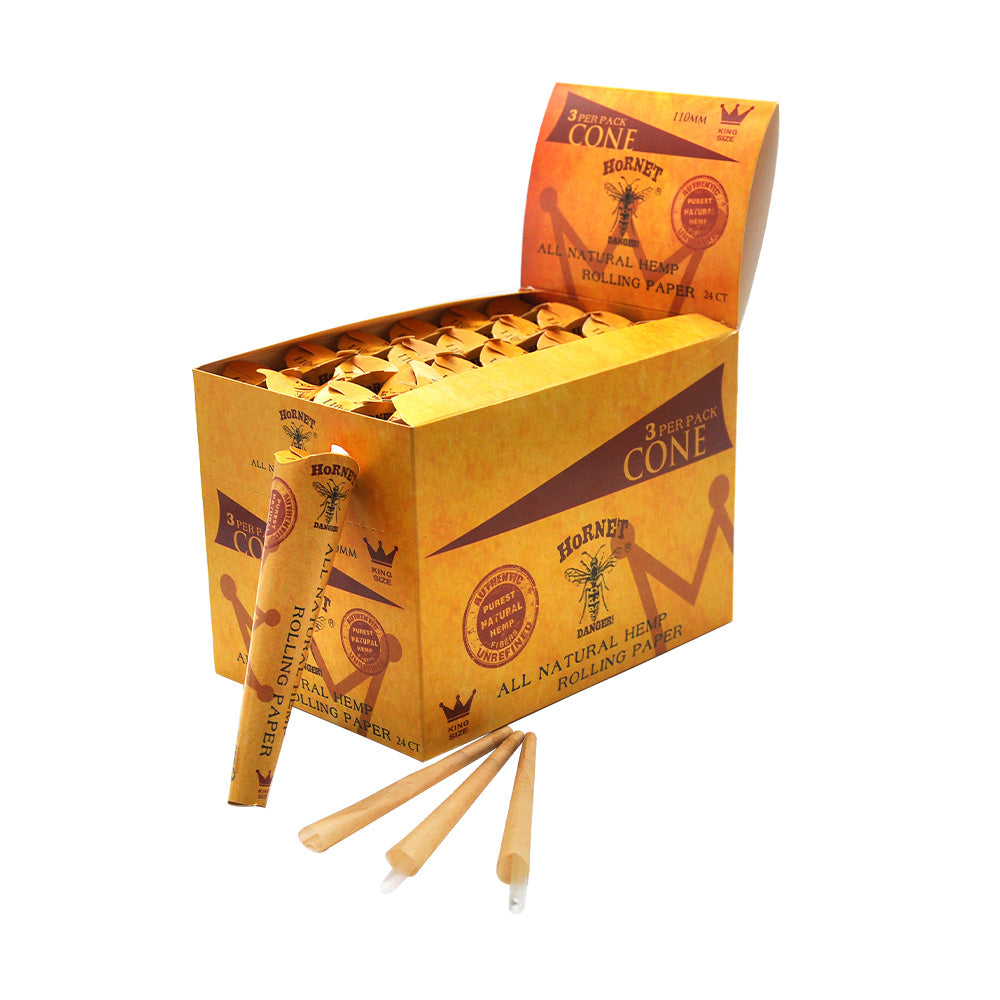 HORNET King Size Pre Rolled Cones, Natural Rolling Cones, Slow Burning Pre Rolled Rolling Paper, 3 PCS / Pack 24 Packs / Box