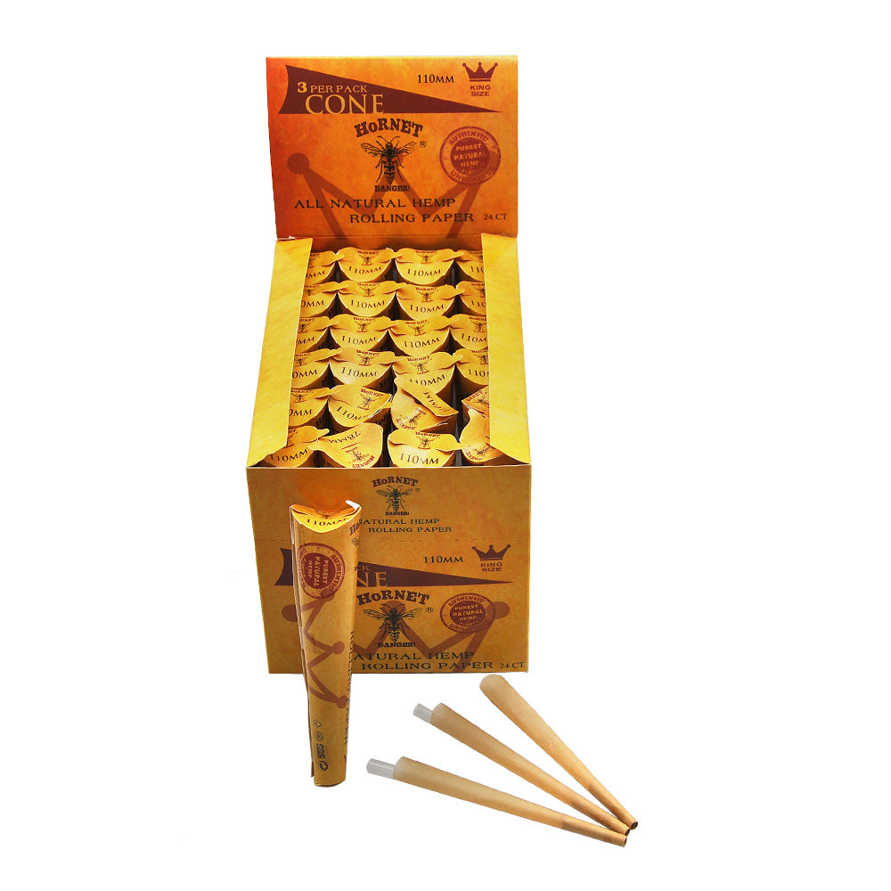 HORNET King Size Pre Rolled Cones, Natural Rolling Cones, Slow Burning Pre Rolled Rolling Paper, 3 PCS / Pack 24 Packs / Box