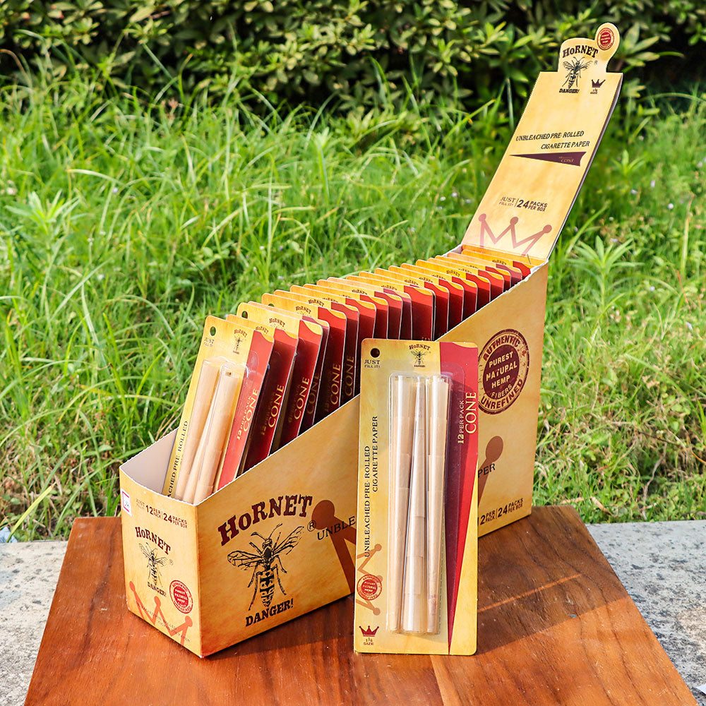 HORNET 1 1/4 Size Pre Rolled Cones, Natural Rolling Cones, Slow Burning Pre Rolled Rolling Paper, 12 PCS / Pack 24 Packs / Box