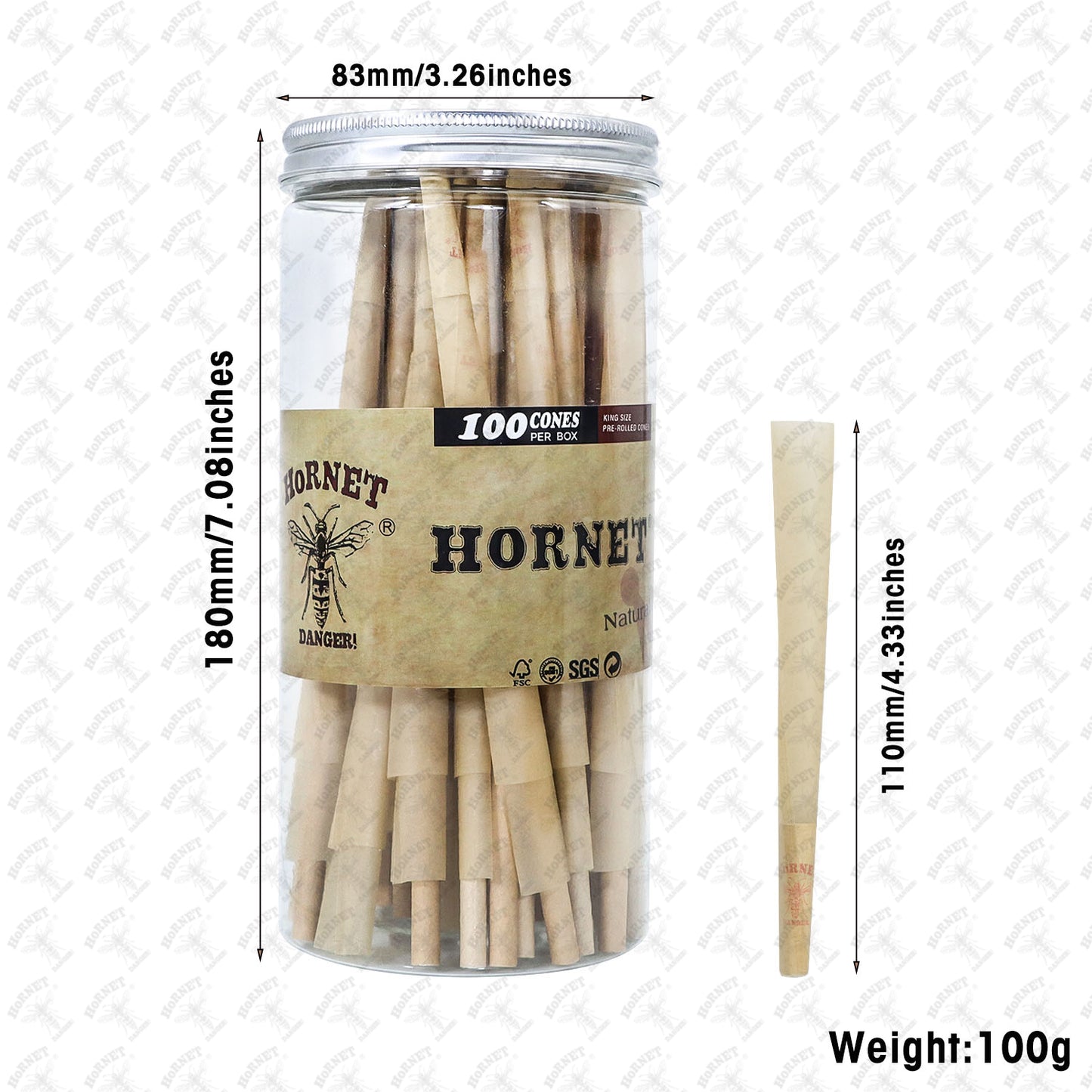 HORNET King Size Brown Pre Rolled Cones, Organic Rolling Cones With Tips, Slow Burning Pre Rolled Rolling Paper, 100 Pack