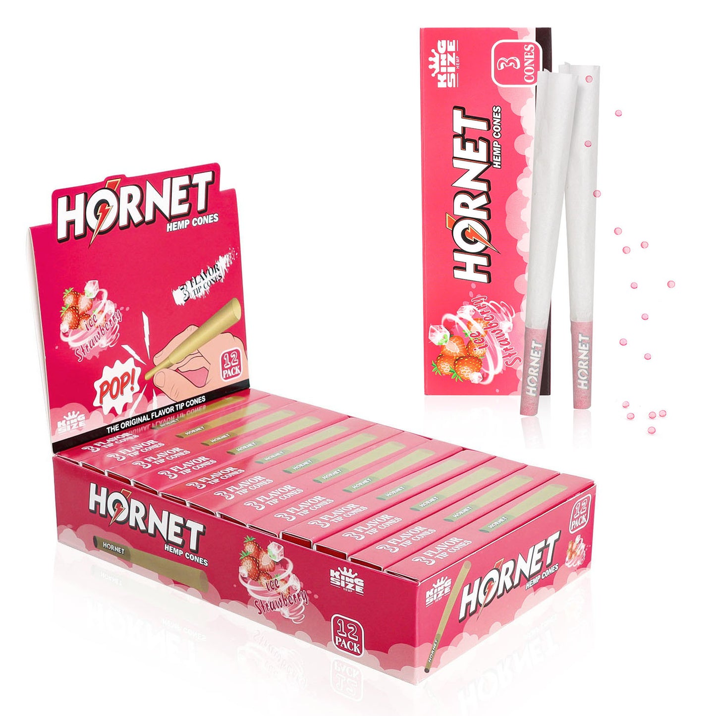 HORNET Strawberry Flavors Pre Rolled Cones With Tips, King Size Pre Rolled Rolling Paper & Flavored Pop, 3 PCS / Pack 12 Pack / Box